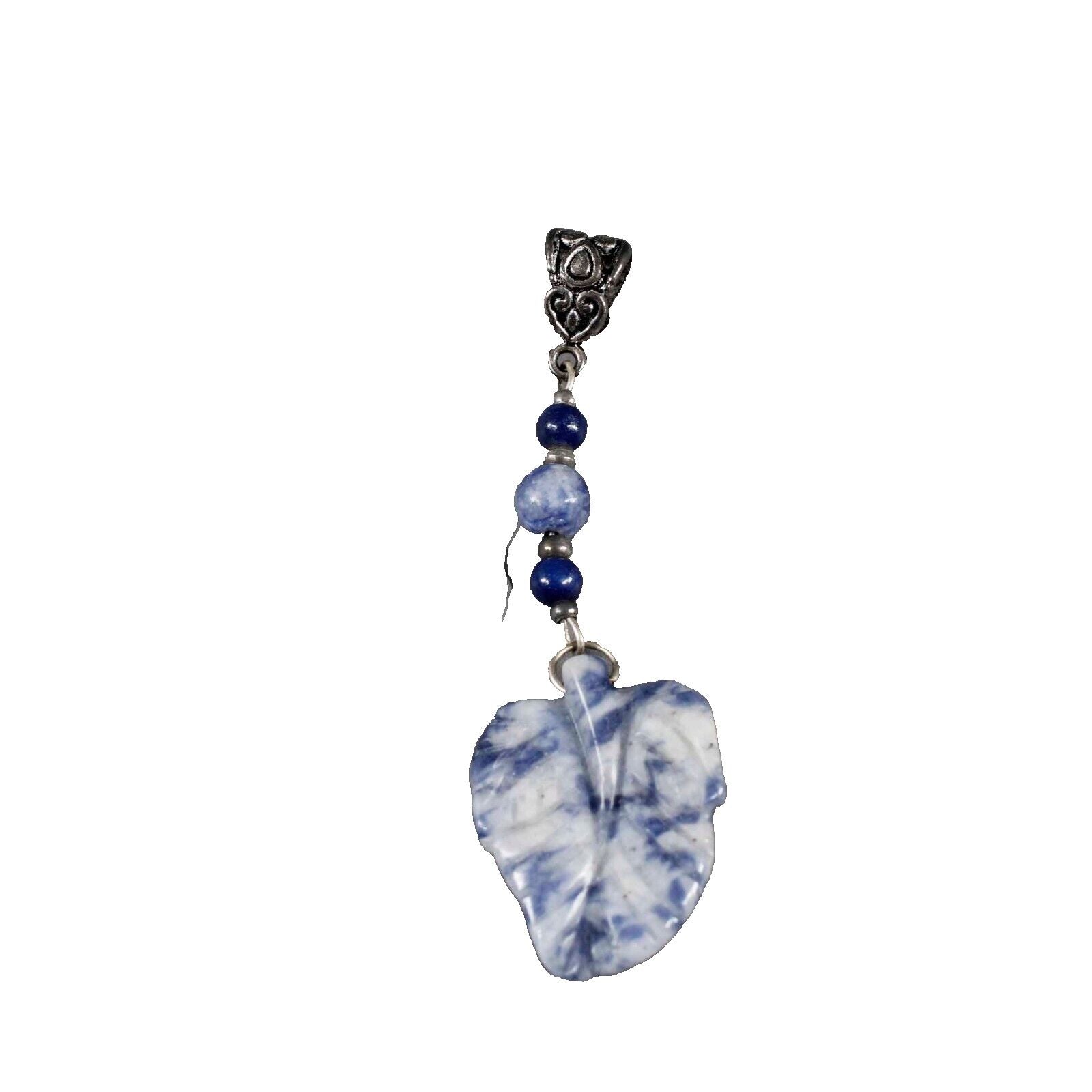 2.5in Dangle Blue Multi Carved Leaf in Stone Sivertone Bail Pendant