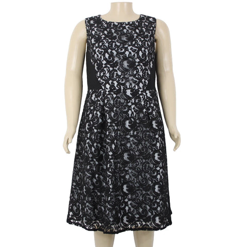 Calvin Klein NEw $169 Sz 18W Black White Lace Lined Viscose Cotton Poly Dress