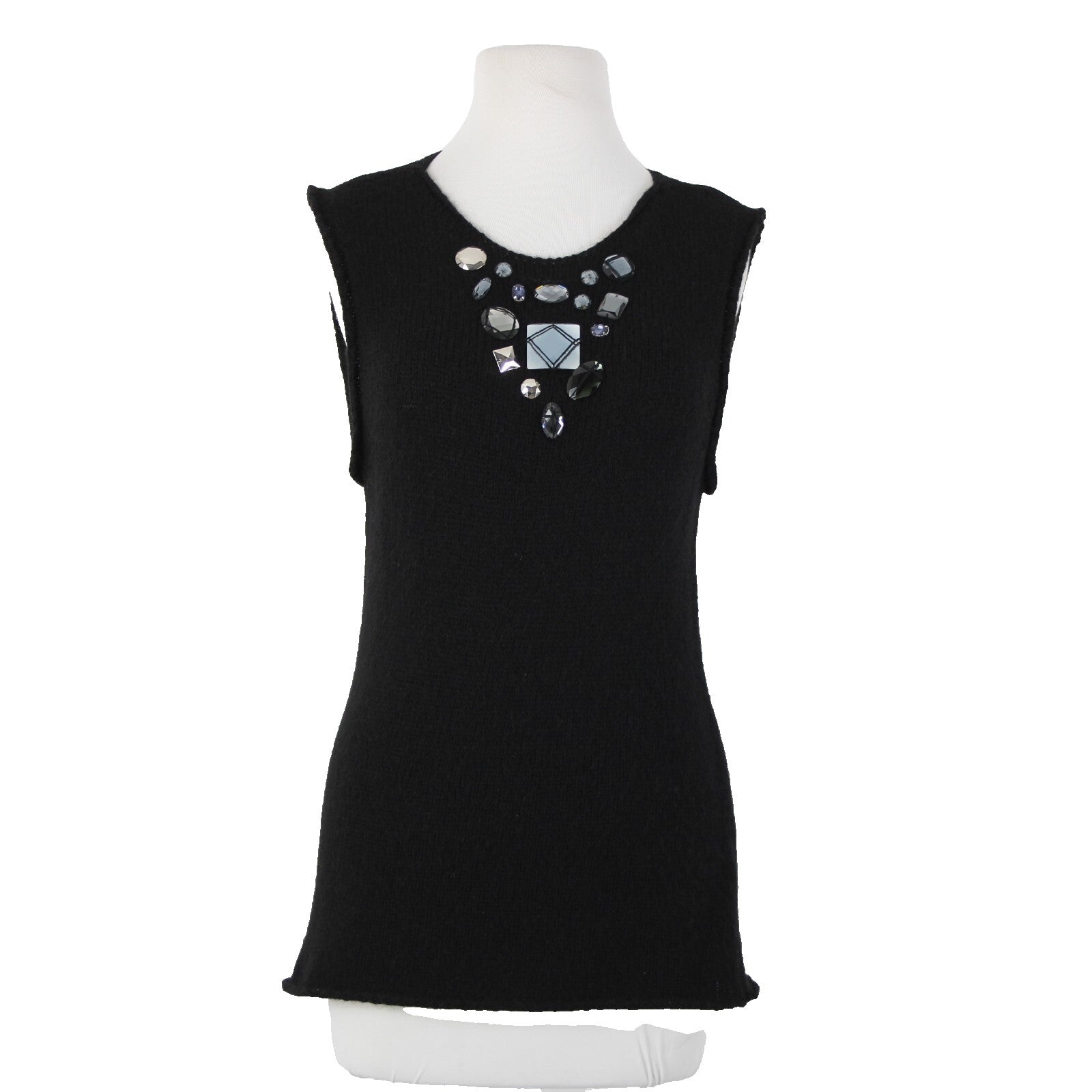 Tory Burch Sz M Black Sleeveless Open Knit Rhinestones Wool Alpaca Polyamide Top