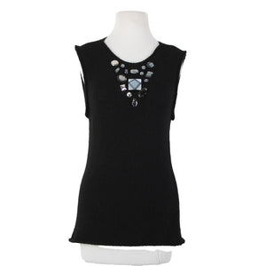 Tory Burch Sz M Black Sleeveless Open Knit Rhinestones Wool Alpaca Polyamide Top