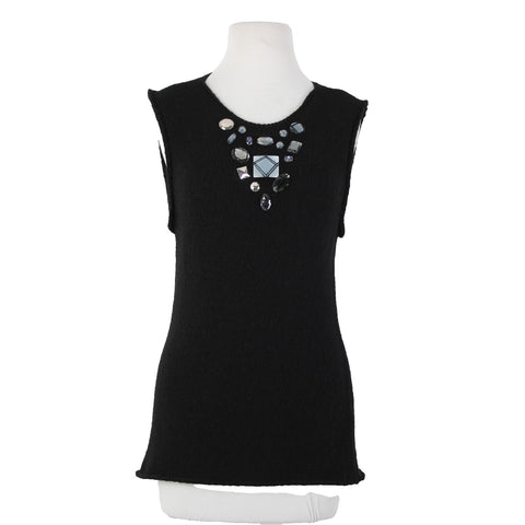 Tory Burch Sz M Black Sleeveless Open Knit Rhinestones Wool Alpaca Polyamide Top
