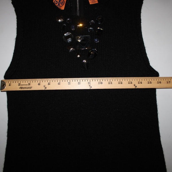 Tory Burch Sz M Black Sleeveless Open Knit Rhinestones Wool Alpaca Polyamide Top