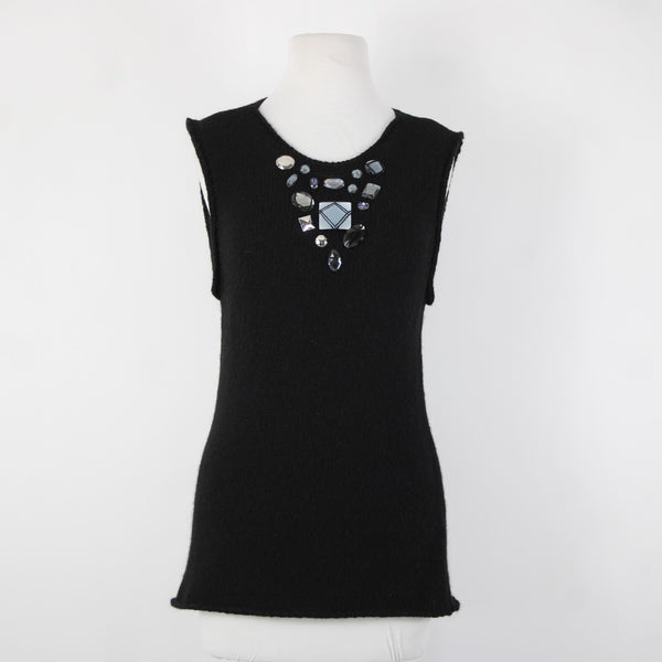 Tory Burch Sz M Black Sleeveless Open Knit Rhinestones Wool Alpaca Polyamide Top