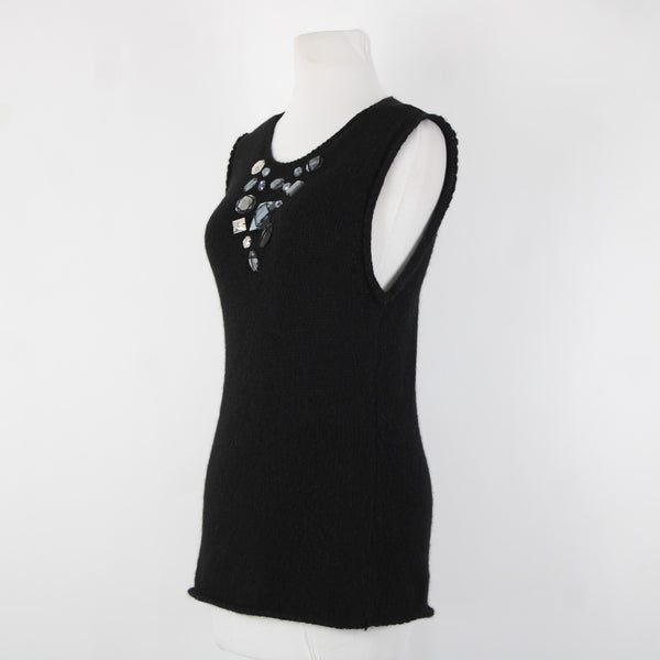 Tory Burch Sz M Black Sleeveless Open Knit Rhinestones Wool Alpaca Polyamide Top