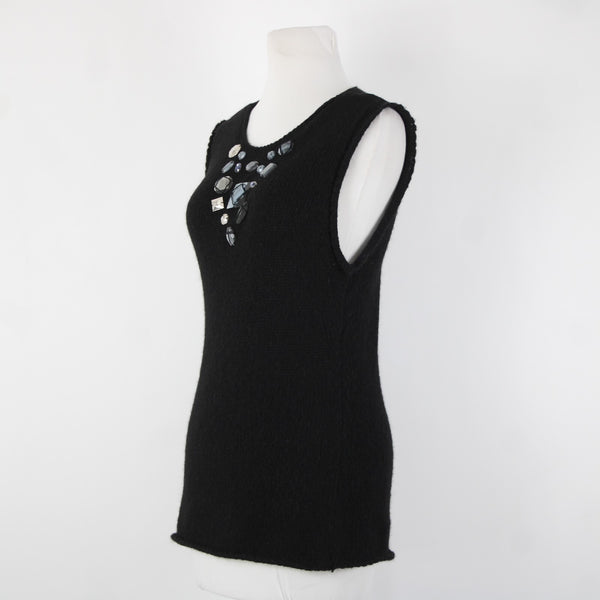 Tory Burch Sz M Black Sleeveless Open Knit Rhinestones Wool Alpaca Polyamide Top