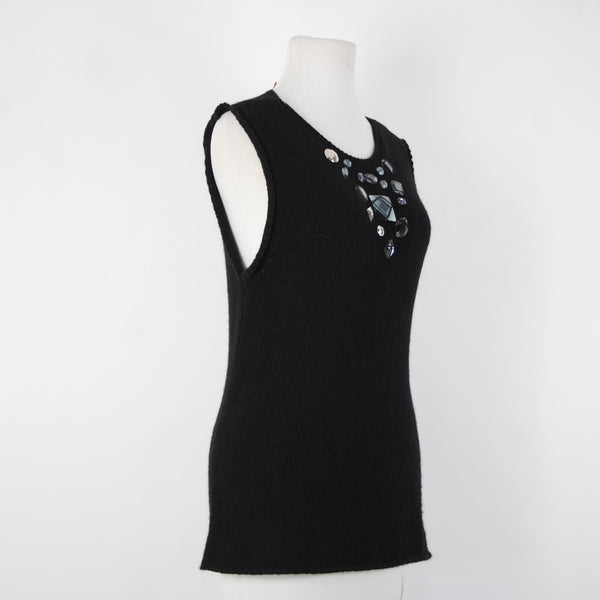 Tory Burch Sz M Black Sleeveless Open Knit Rhinestones Wool Alpaca Polyamide Top