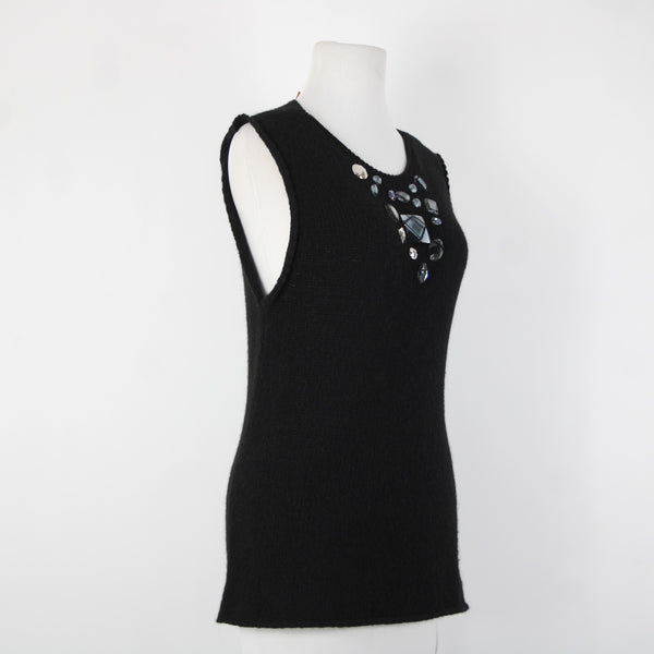 Tory Burch Sz M Black Sleeveless Open Knit Rhinestones Wool Alpaca Polyamide Top