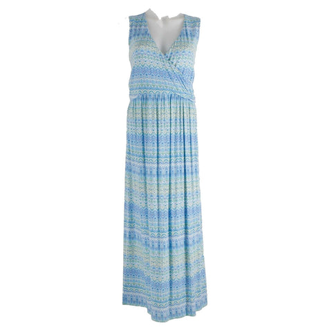 J Jill Sz M Aqua Multi Crossover Chest Gathered Long Rayon Blend Knit Maxi Dress