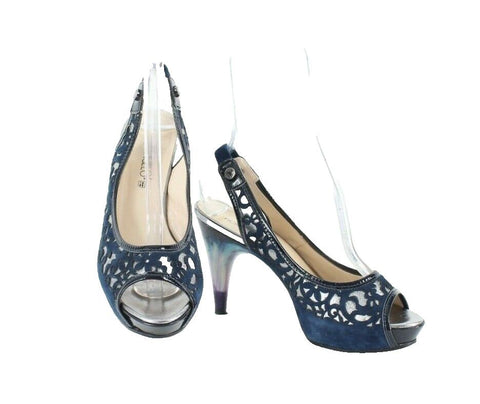 Fiorangelo $303 Sz 38 Navy Blue Open Toe Laser Cut Suede Marbled 4" Heel