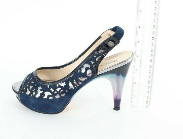 Fiorangelo $303 Sz 38 Navy Blue Open Toe Laser Cut Suede Marbled 4" Heel