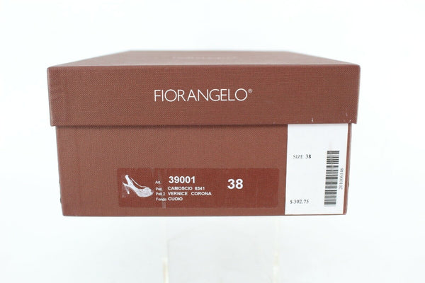 Fiorangelo $303 Sz 38 Navy Blue Open Toe Laser Cut Suede Marbled 4" Heel