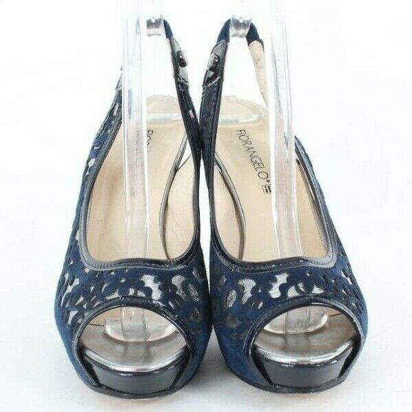 Fiorangelo $303 Sz 38 Navy Blue Open Toe Laser Cut Suede Marbled 4" Heel