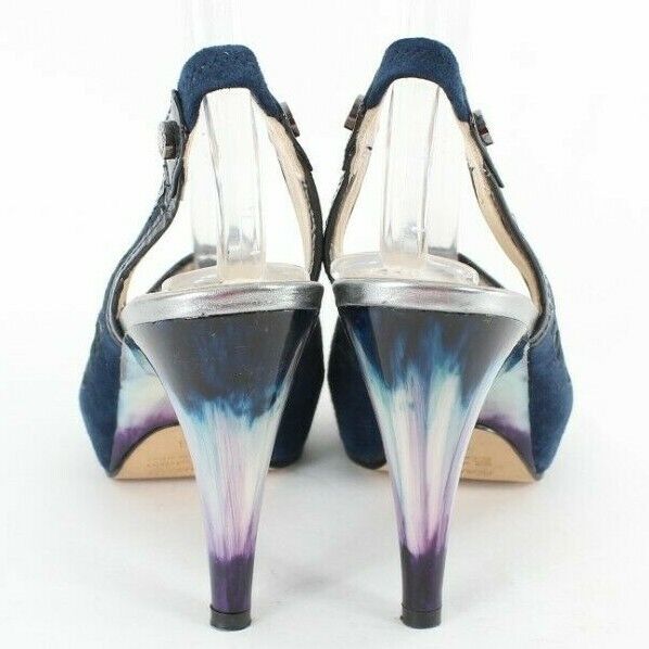 Fiorangelo $303 Sz 38 Navy Blue Open Toe Laser Cut Suede Marbled 4" Heel