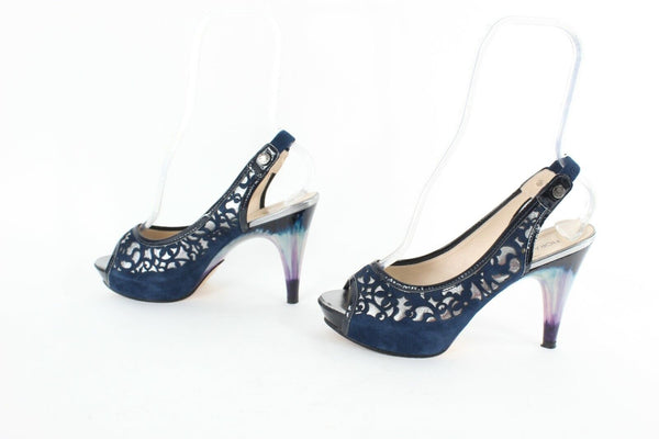 Fiorangelo $303 Sz 38 Navy Blue Open Toe Laser Cut Suede Marbled 4" Heel