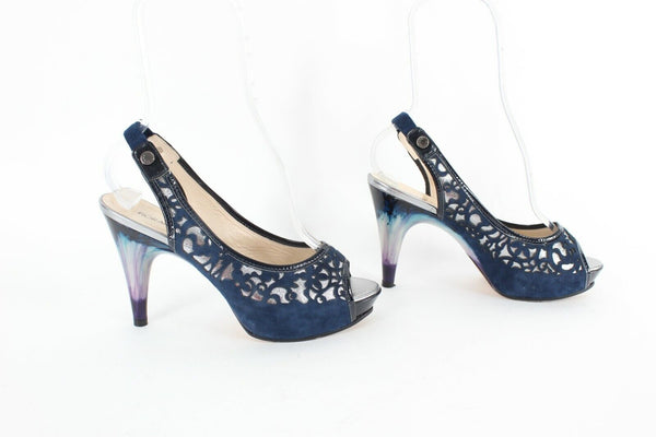 Fiorangelo $303 Sz 38 Navy Blue Open Toe Laser Cut Suede Marbled 4" Heel