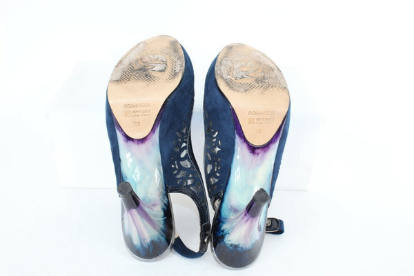 Fiorangelo $303 Sz 38 Navy Blue Open Toe Laser Cut Suede Marbled 4" Heel