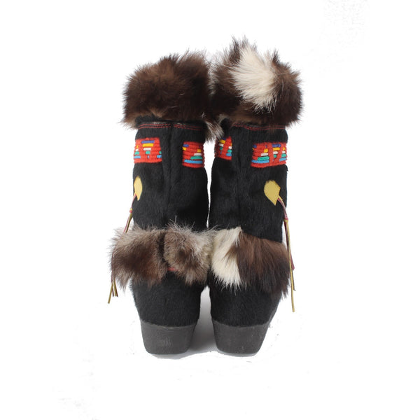 Technica Boots Sz 40 Black Brown Multi Colored Fur Suede Calf High AS IS Boots