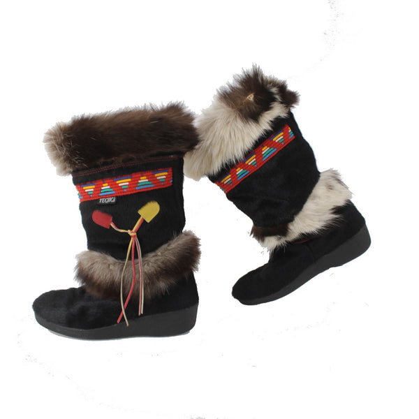 Technica Boots Sz 40 Black Brown Multi Colored Fur Suede Calf High AS IS Boots