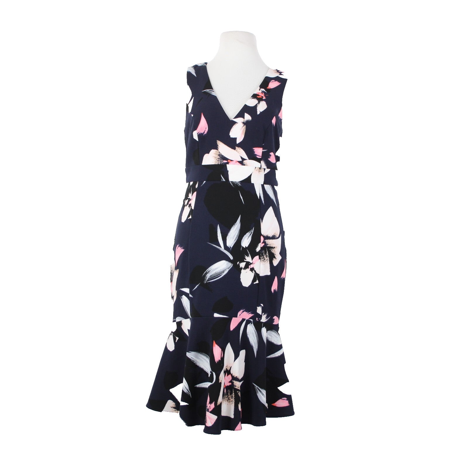 Vince Camuto Sz 6 Navy Pink Multi Color V Neck Floral 100% Polyester Dress