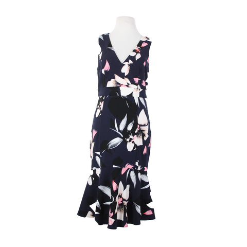 Vince Camuto Sz 6 Navy Pink Multi Color V Neck Floral 100% Polyester Dress