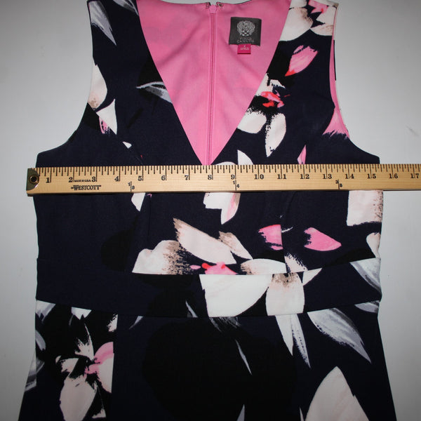 Vince Camuto Sz 6 Navy Pink Multi Color V Neck Floral 100% Polyester Dress