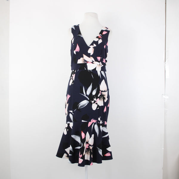 Vince Camuto Sz 6 Navy Pink Multi Color V Neck Floral 100% Polyester Dress