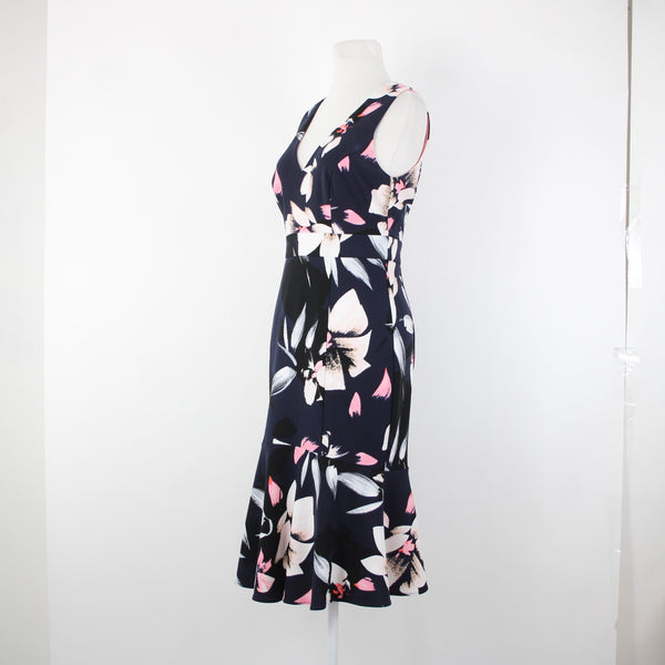 Vince Camuto Sz 6 Navy Pink Multi Color V Neck Floral 100% Polyester Dress