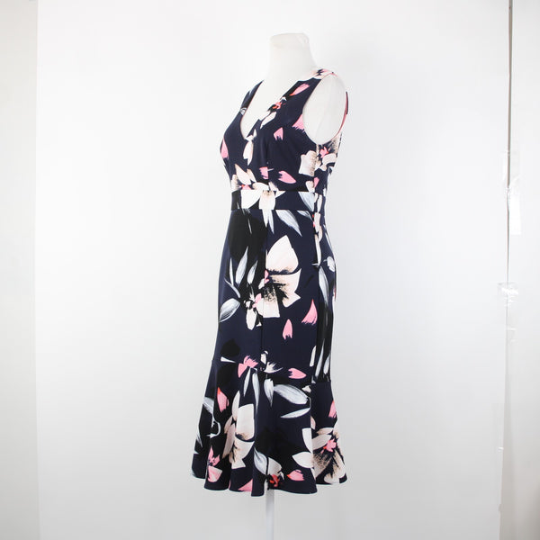 Vince Camuto Sz 6 Navy Pink Multi Color V Neck Floral 100% Polyester Dress