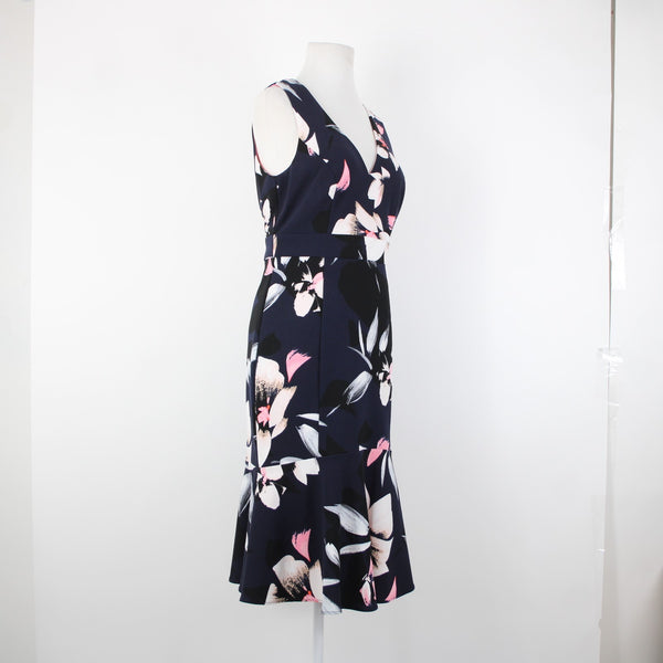 Vince Camuto Sz 6 Navy Pink Multi Color V Neck Floral 100% Polyester Dress