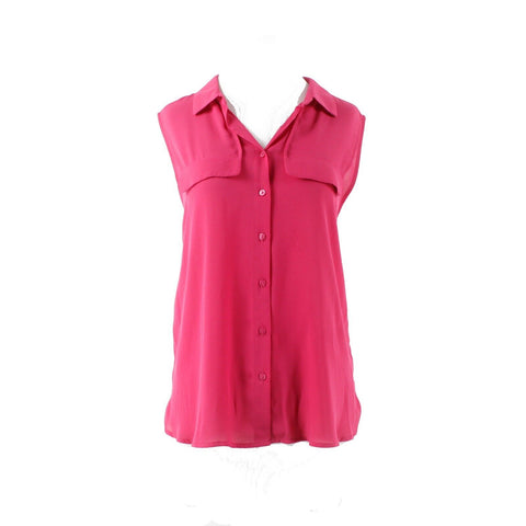 Worthington NEW $29 Sz M Magenta Sheer Hi Lo Button Front Patch Pockets Poly Top