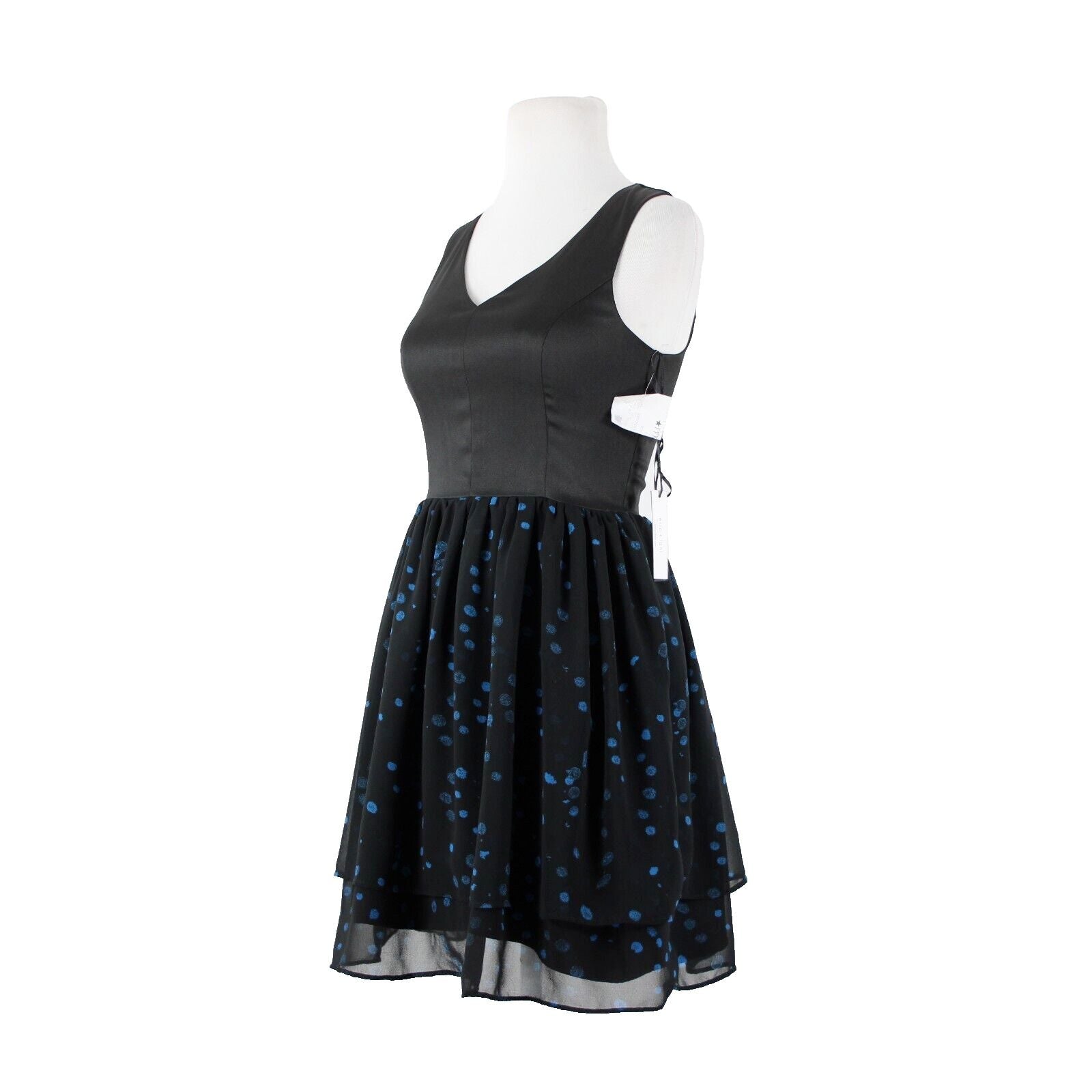Eric + Lani NEW $59 Sz S Black Blue Polka Dot Lined Sleeveless V Neck Poly Dress