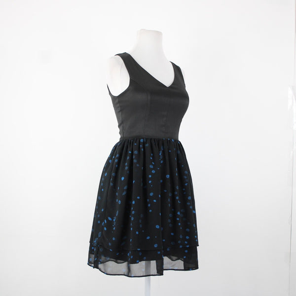 Eric + Lani NEW $59 Sz S Black Blue Polka Dot Lined Sleeveless V Neck Poly Dress