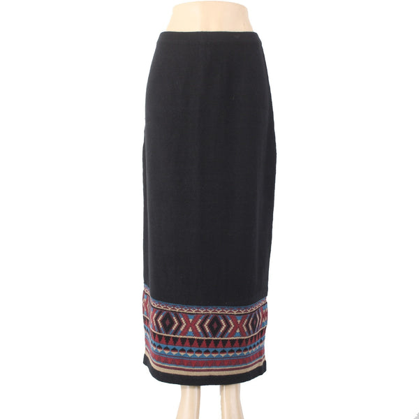 Double D Ranch Skirt Sz M Black Multi Colored Elastic Waist 100% Linen Skirt