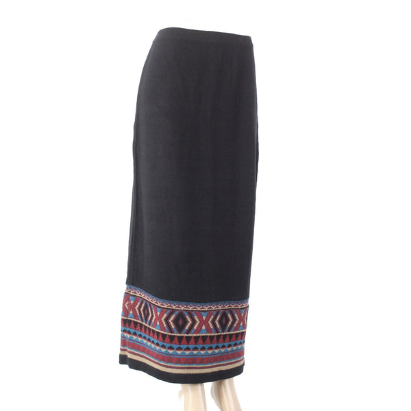 Double D Ranch Skirt Sz M Black Multi Colored Elastic Waist 100% Linen Skirt
