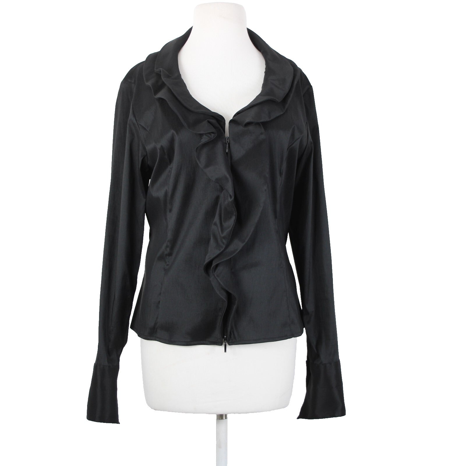 Samuel Dong Sz XL Black Collared Zip Ruffle Unlined Poly Nylon Spandex Jacket