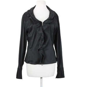 Samuel Dong Sz XL Black Collared Zip Ruffle Unlined Poly Nylon Spandex Jacket