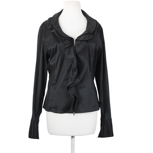 Samuel Dong Sz XL Black Collared Zip Ruffle Unlined Poly Nylon Spandex Jacket
