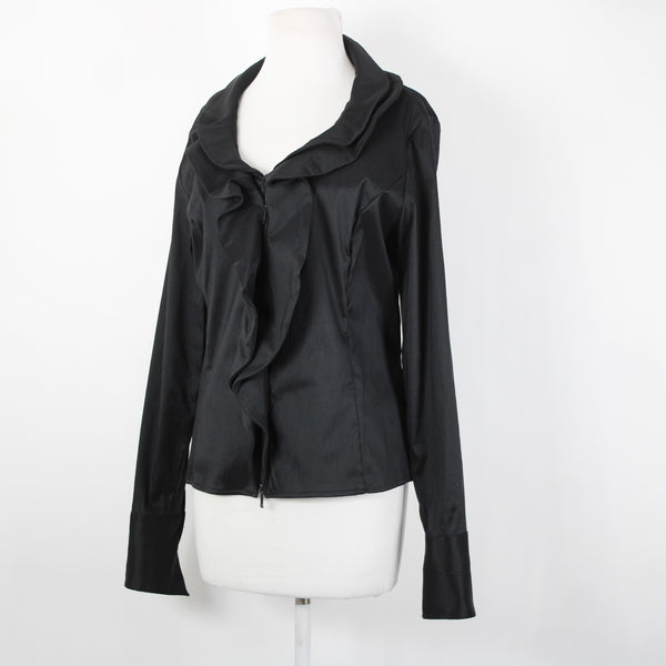Samuel Dong Sz XL Black Collared Zip Ruffle Unlined Poly Nylon Spandex Jacket