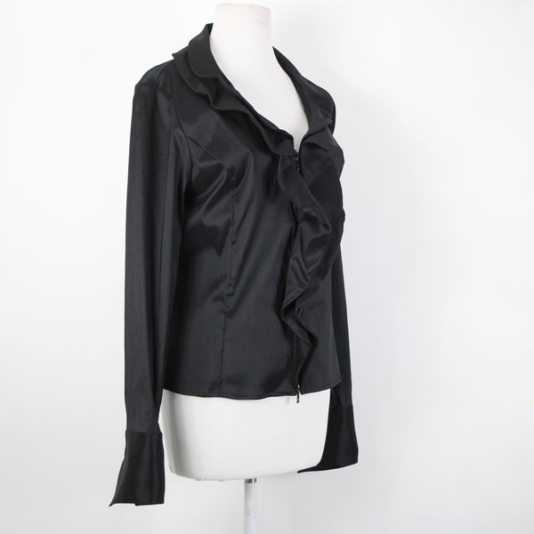 Samuel Dong Sz XL Black Collared Zip Ruffle Unlined Poly Nylon Spandex Jacket