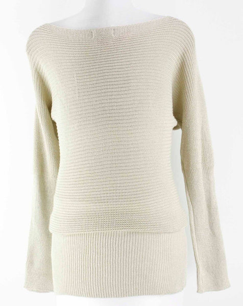 Khloe California NEW $50 Sz M Beige Gold Thread Drop Shoulder Sweater