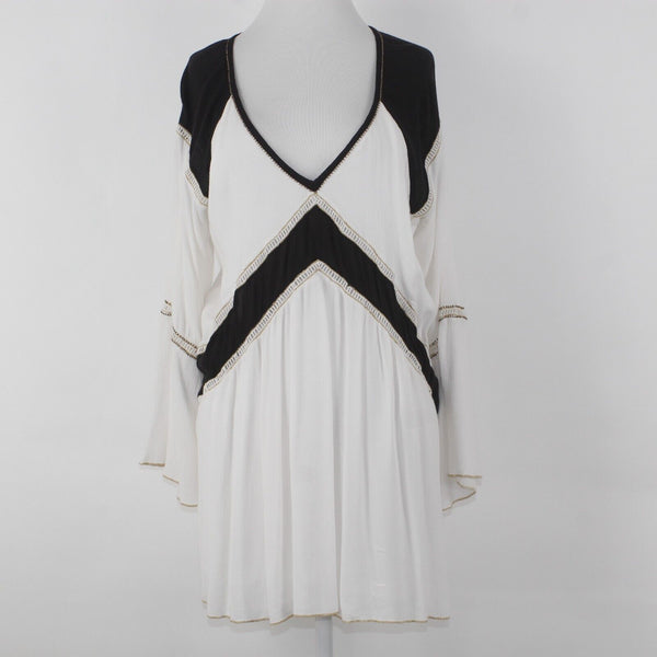 Society Amuse Sz S White Black Lined Lace Gold Trim Beaded Woven Viscose Dress