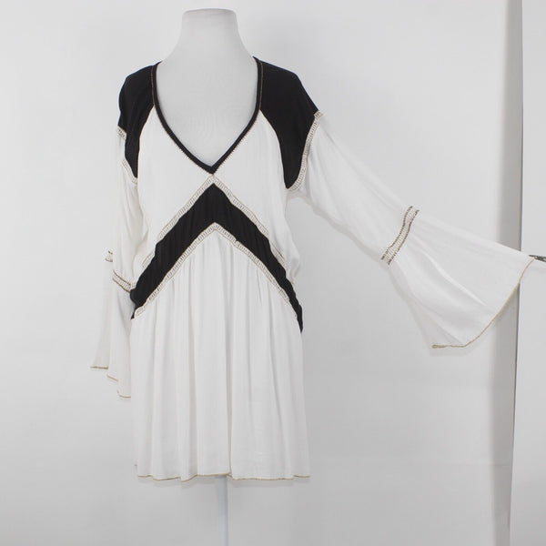 Society Amuse Sz S White Black Lined Lace Gold Trim Beaded Woven Viscose Dress