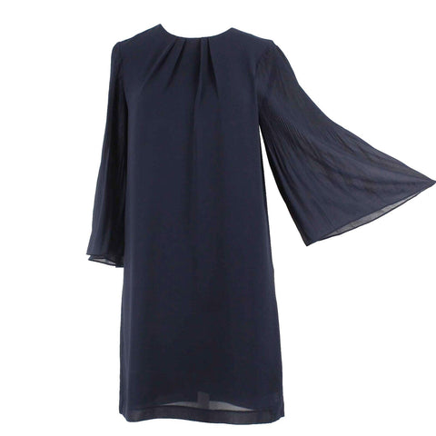 H&M NEW $35 Sz 2 Blue Navy Pleated Bell Sleeve 100% Elegant Polyester Dress
