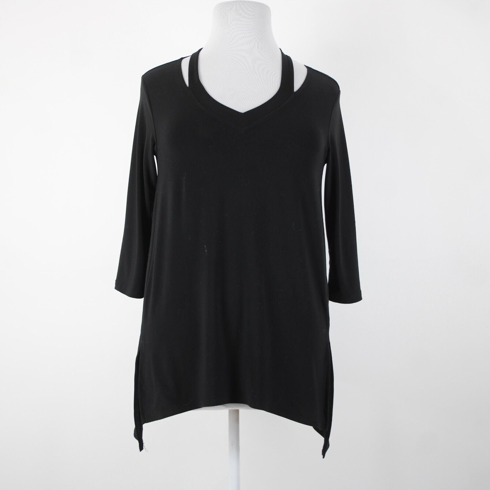 Sympli Sz 10 Black Cold Collar Asymmetrical V Neck Jersey Top