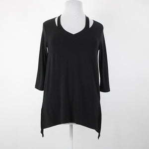 Sympli Sz 10 Black Cold Collar Asymmetrical V Neck Jersey Top