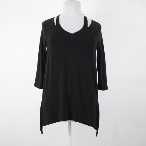 Sympli Sz 10 Black Cold Collar Asymmetrical V Neck Jersey Top