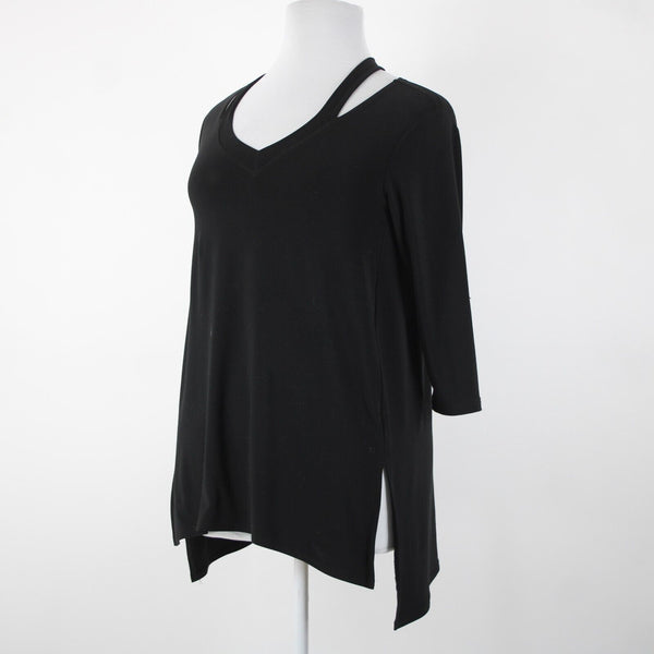 Sympli Sz 10 Black Cold Collar Asymmetrical V Neck Jersey Top