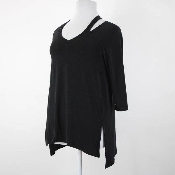 Sympli Sz 10 Black Cold Collar Asymmetrical V Neck Jersey Top