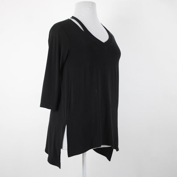 Sympli Sz 10 Black Cold Collar Asymmetrical V Neck Jersey Top