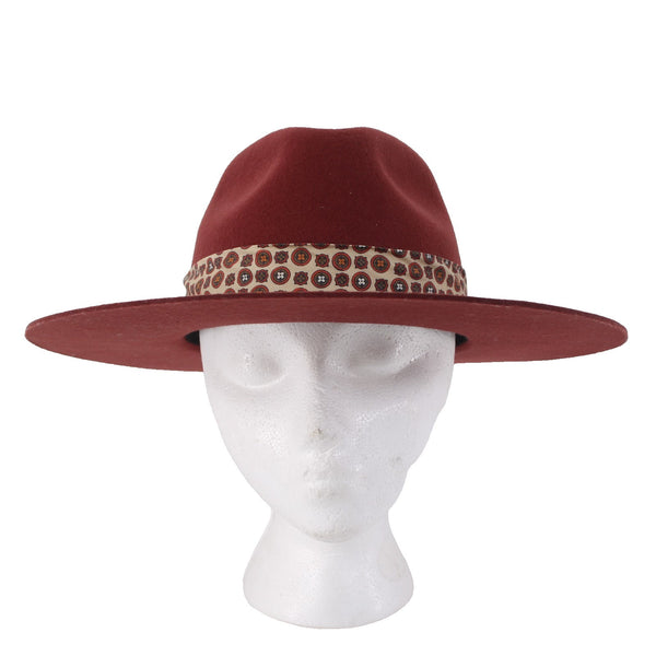 Wyeth Hat Sz One Size 22" Burgundy Red Tan Geometric Patterned Band Felt Hat